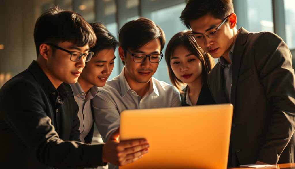 A team of young, Japanese-looking IT consultants gathered around a laptop, intently focused on a digital transformation strategy. The scene is bathed in warm, directional lighting, creating dramatic shadows and highlights that accentuate their expressions of deep concentration. The background is blurred, emphasizing the consultants as the central subject. The overall mood is one of professionalism, expertise, and a sense of purpose in supporting the client's digital evolution.