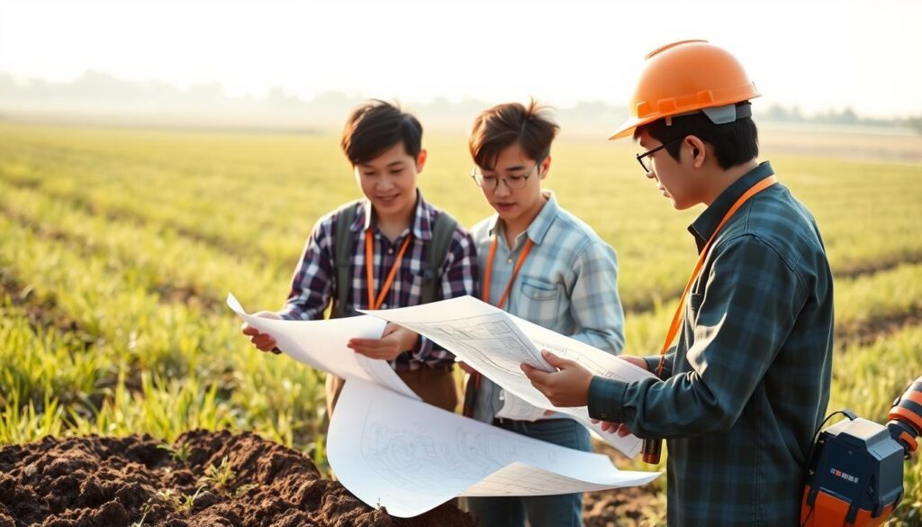 A team of young, Japanese-looking agricultural civil engineering consultants in a field, meticulously examining soil samples, surveying land, and discussing plans for irrigation systems, drainage channels, and sustainable farming infrastructure. Soft, natural lighting illuminates their focused expressions as they collaborate, utilizing advanced surveying equipment and blueprints. The scene conveys a sense of professionalism, technical expertise, and a commitment to improving agricultural practices through their consultancy work.