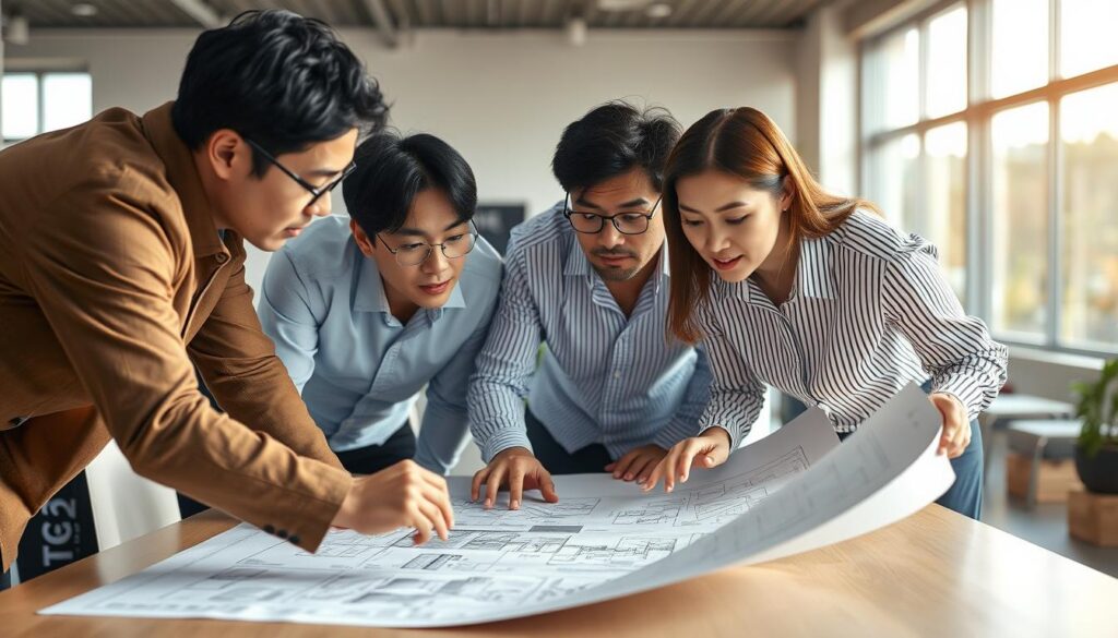 A team of young, Japanese-looking architects gathered around a large exterior design blueprint, discussing project details under natural lighting. The scene captures the collaborative nature of their work, with the architects leaning over the table, gesturing and examining the plans closely. The background is blurred, drawing the viewer's focus to the professionals in the foreground, their expressions intense as they tackle the intricacies of the exterior design project management.