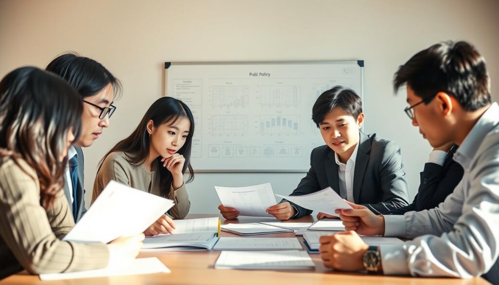 A team of young, Japanese-looking consultants gathered around a table, deep in discussion over public policy documents and reports. The lighting is warm and natural, with soft shadows highlighting their focused expressions. In the background, a wall-mounted whiteboard displays complex diagrams and charts, conveying the analytical nature of their work. The scene captures the collaborative, yet intense, atmosphere of a public policy consulting firm, where these professionals leverage their expertise to shape the decisions that impact communities.