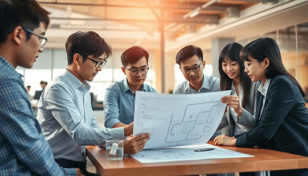 A team of young, Japanese-looking consultants gathered around a table, deeply engaged in discussing technical diagrams and blueprints related to water supply and sewage systems. The scene is bathed in warm, natural lighting, with a clean, professional atmosphere conveying the expertise and attention to detail required in their field. The consultants' expressions reflect their focus and dedication as they collaborate to find solutions for their clients. The background showcases a modern, well-equipped office space, further emphasizing the consultants' role as trusted advisors in the water infrastructure industry.