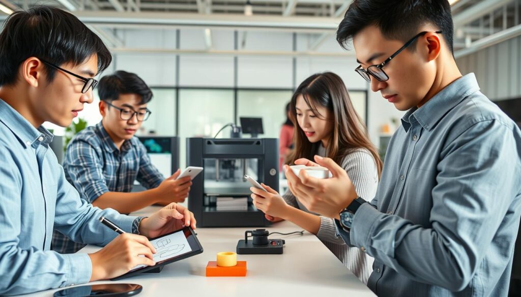 A team of young, Japanese-looking designers collaborating on an industrial product design process. The scene depicts a well-lit, modern office space with sleek workstations and futuristic prototyping equipment. In the foreground, a designer sketches on a digital tablet while others discuss CAD models displayed on high-resolution screens. The middle ground shows a 3D printer rapidly producing a small-scale product component. In the background, a designer meticulously examines a physical product sample under bright, natural lighting, evaluating its form, materials, and functionality. The atmosphere conveys a sense of focused creativity and technical proficiency.