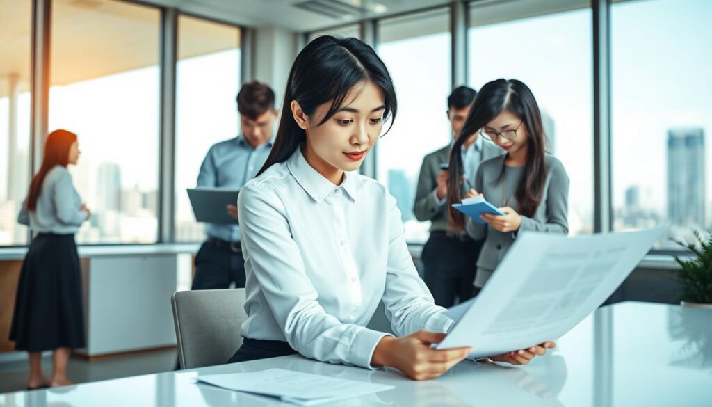 A team of young, Japanese-looking environmental consultants diligently working in a modern, well-lit office setting. In the foreground, a woman in a white blouse and navy skirt sits at a desk, intently examining a report. In the middle ground, two men in business casual attire collaborate on a laptop, while another woman in a grey sweater takes notes. The background features floor-to-ceiling windows overlooking a cityscape, casting a warm, natural light throughout the space. The overall atmosphere conveys a sense of professionalism, focus, and a commitment to environmental sustainability.