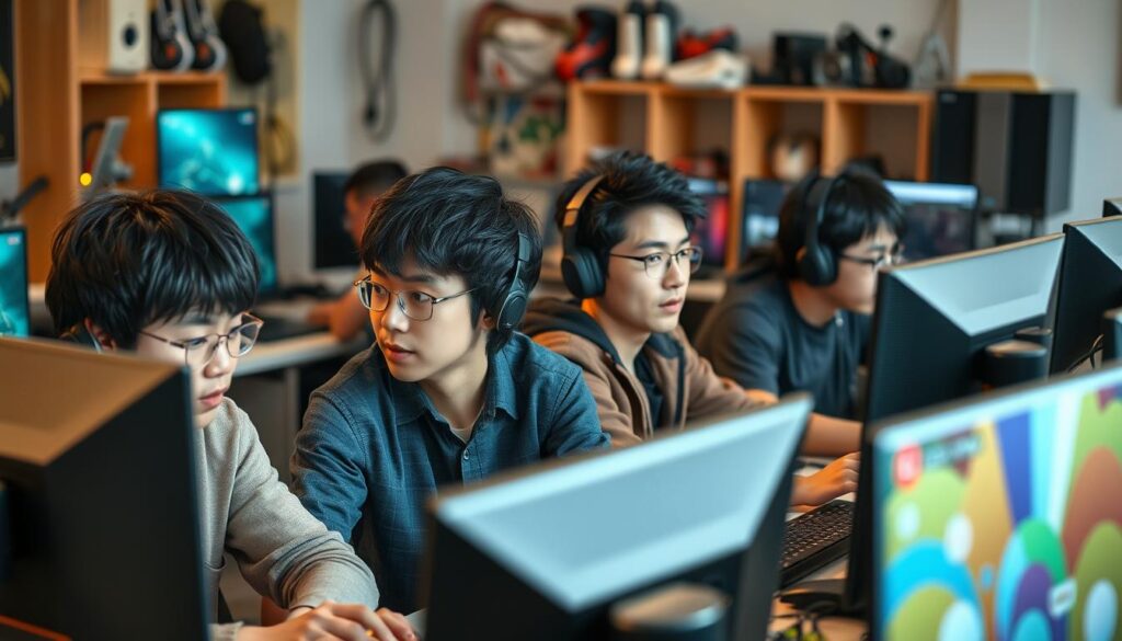 A team of young, Japanese-looking game developers diligently working on their latest project. They are seated at desks, focused on their computer screens, with a dynamic and creative atmosphere surrounding them. The lighting is natural, with soft shadows and highlights, emphasizing the concentration and dedication of the team. In the background, there are various game development tools and equipment, hinting at the technical aspects of their profession. The scene conveys the hard work, attention to detail, and collaborative spirit essential for creating captivating games.