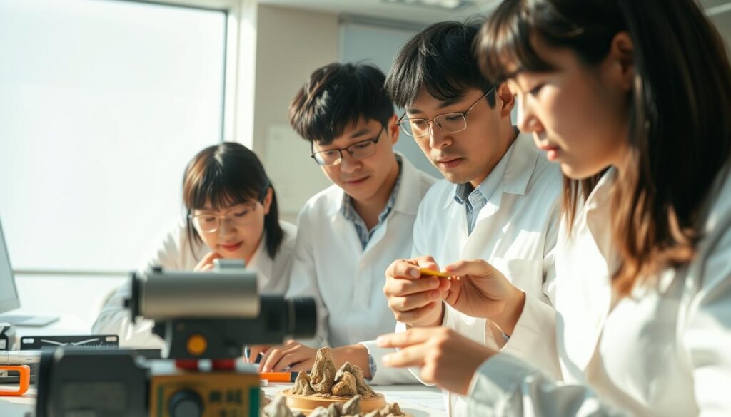 A team of young, Japanese-looking geologists in a professional setting, carefully examining geological samples and technical equipment. The scene is lit with soft, natural lighting, capturing the concentration and attention to detail as they perform their technical analyses. The foreground showcases various tools and instruments used in geological surveying, while the middle ground features the geologists in discussion, their expressions focused and engaged. The background subtly hints at a larger office or laboratory environment, conveying the technical and professional nature of their work. The overall mood is one of expertise, precision, and the application of specialized geological knowledge.