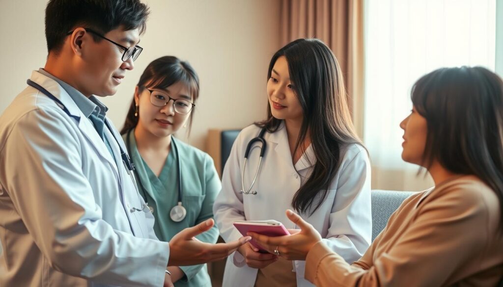 A team of young, Japanese-looking healthcare professionals collaborating intently, with a focus on language and communication. The scene depicts a medical consultation, with a speech-language pathologist guiding a diverse group, including a doctor, nurse, and therapist, through a patient-centered discussion. The lighting is warm and natural, capturing the professional atmosphere and the individuals' thoughtful expressions. The composition emphasizes the dynamic interplay and synergy between the specialists, highlighting the speech-language pathologist's expertise and their essential role in multidisciplinary care.