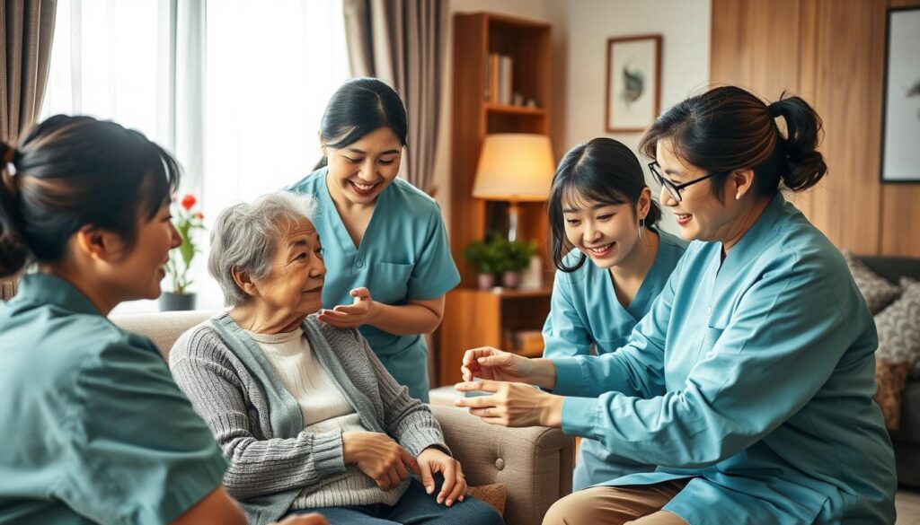 A team of young, Japanese-looking home helpers diligently providing care and support to an elderly client. The scene is captured in a realistic photographic style, with warm lighting and natural compositions. The helpers display a range of essential caregiving skills, such as assisting with mobility, administering medication, and engaging the client in light activities. The atmosphere conveys a sense of compassion, competence, and the close bond between the caregiver and care recipient.