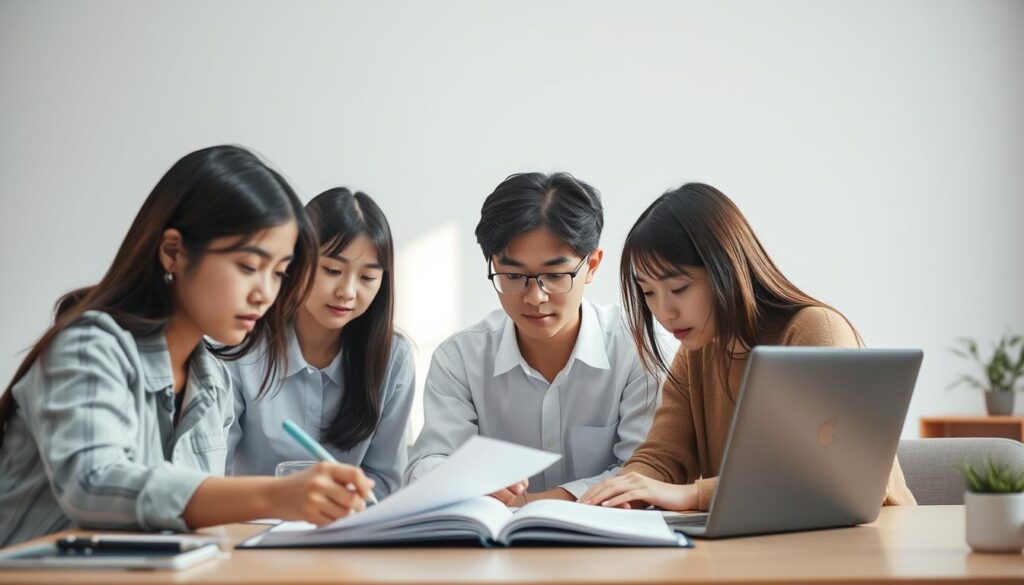 A team of young, Japanese-looking individuals focusing intently on the task at hand, using a well-lit, minimalist workspace with clean lines and subtle accents. The scene captures the essence of efficient proofreading and editing, with a sense of professionalism and attention to detail. The lighting is soft and natural, creating a serene and focused atmosphere. The camera angle is slightly elevated, giving a birds-eye view of the workspace and the task at hand.