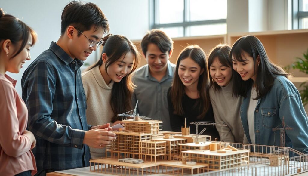 A team of young, Japanese-looking individuals gathered around a large, detailed architectural model, deeply engaged in lively discussion. Soft, natural lighting illuminates the scene, capturing the focus and collaboration as they meticulously plan the construction project. The model showcases a complex, multi-faceted structure, hinting at the scale and ambition of the undertaking. The team's expressions convey a sense of excitement and determination, as they work to bring their vision to life through careful, strategic planning.