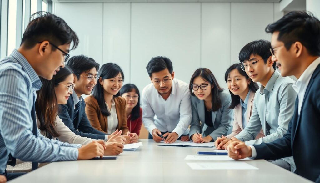 A team of young, Japanese-looking men and women, dressed in professional attire, engaged in a dynamic group discussion around a large conference table. The lighting is bright and natural, creating a sense of openness and collaboration. The camera angle is slightly elevated, giving a bird's eye view of the scene. The expressions on the team members' faces convey deep concentration and active problem-solving, reflecting the essential management skills required of a director. The overall atmosphere is one of focused productivity, with an undercurrent of camaraderie and shared purpose.