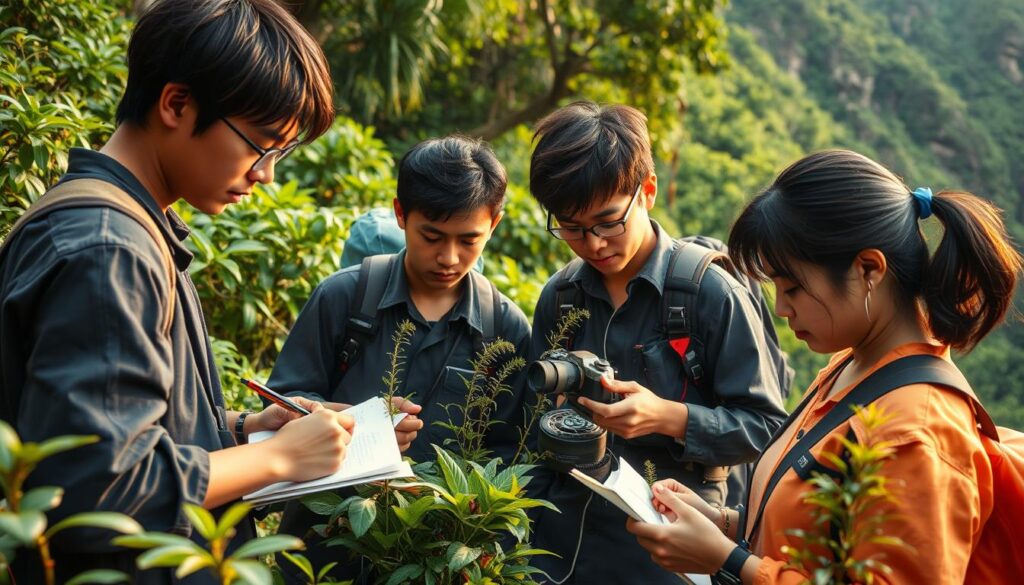 A team of young, Japanese-looking plant hunters conducting thorough field inspections in a lush, verdant environment. They meticulously examine specimens, taking notes and photographs, ensuring strict safety protocols are followed. Warm, natural lighting illuminates the scene, capturing the intensity of their focused work. The background features a mix of dense foliage and rugged terrain, emphasizing the challenges and adventurous nature of their profession. The image conveys a sense of diligence, careful observation, and the importance of managing risks in this specialized field.