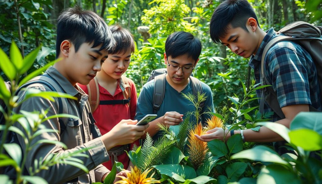 A team of young, Japanese-looking plant hunters meticulously examining a variety of lush, exotic foliage in a verdant, sun-dappled forest setting. Wearing sturdy hiking gear, they carefully document specimens, their expressions focused and determined. The scene is captured with a high-resolution camera lens, showcasing the intricate details of the plants and the researchers' diligent fieldwork. The atmosphere is one of scientific curiosity and environmental exploration, conveying the dedication and passion of these plant enthusiasts as they uncover the secrets of the natural world.