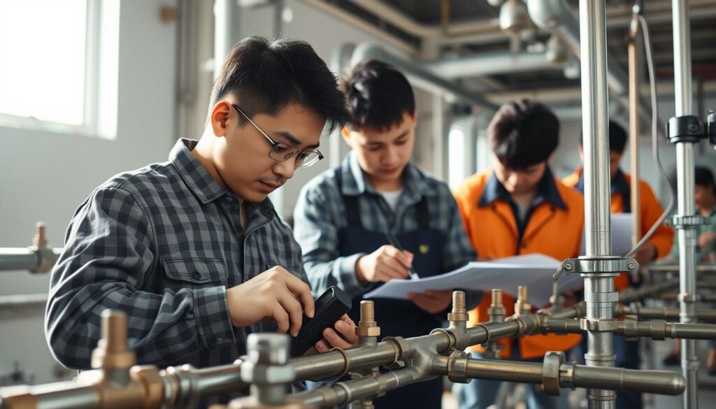 A team of young Japanese-looking plumbers diligently working on a complex sanitary piping system in a well-lit industrial setting. The foreground features a plumber carefully manipulating tools and pipes, with focused attention to detail. In the middle ground, another plumber is soldering connections, while the background shows additional team members inspecting plans and coordinating their efforts. Soft, natural lighting filters in, creating an atmosphere of professionalism and precision as they tackle this important task.