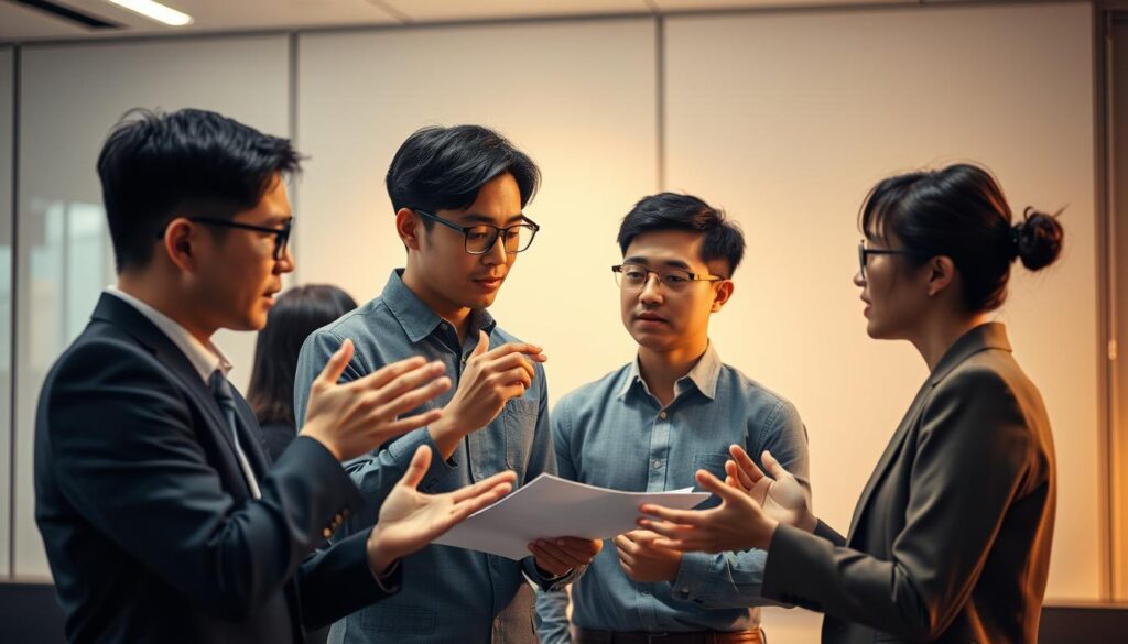A team of young, Japanese-looking professional consultants strategize and collaborate in a well-lit, modern office setting. Focused expressions, gesture-heavy discussions, and an air of purpose convey the determined mindset of those seeking to advance their careers as construction consultants. The scene is captured with a sharp, documentary-style lens, emphasizing the real-world practicality of their transition strategy. Warm, diffused lighting and a minimalist, clean-lined interior design create a polished, aspirational atmosphere.