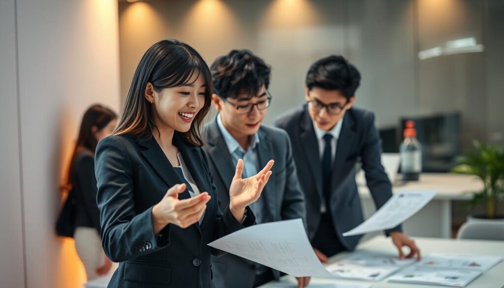 A team of young, Japanese-looking professionals collaborating on a complex project. In the foreground, a woman in a crisp business suit gestures animatedly while reviewing documents with a male colleague. Behind them, another pair discusses project plans at a table, illuminated by warm, directional lighting. The scene conveys a sense of focus and productivity, with the team members engaged in lively client-facing and project management activities.
