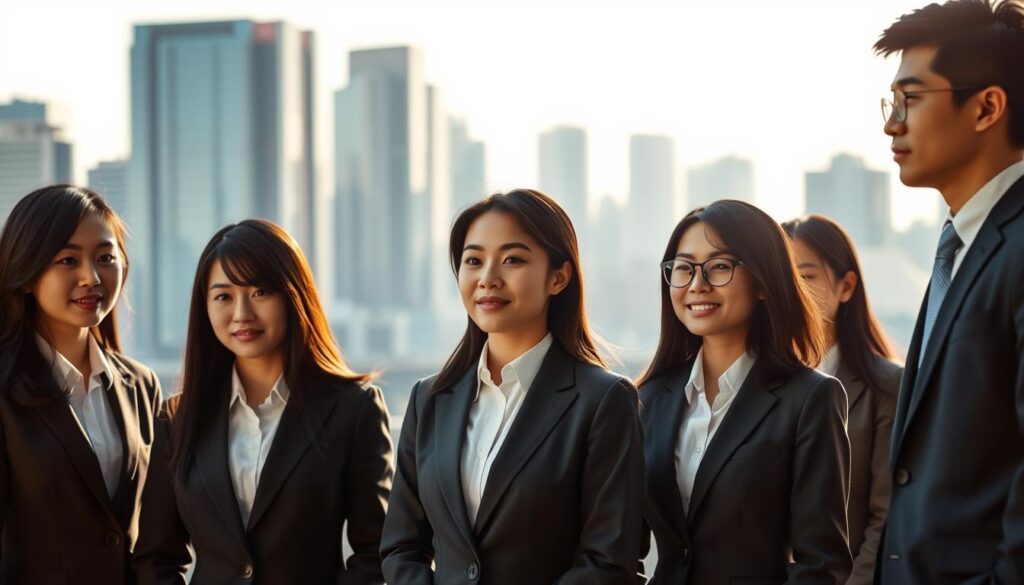 A team of young, Japanese-looking professionals dressed in formal business attire, standing together against a blurred urban background. The scene is lit with warm, natural lighting, creating a sense of professionalism and success. The figures occupy the foreground and middle ground, while the background features a city skyline with modern high-rise buildings. The overall atmosphere conveys a sense of expertise, financial stability, and the high-earning potential of a career as a management consultant.