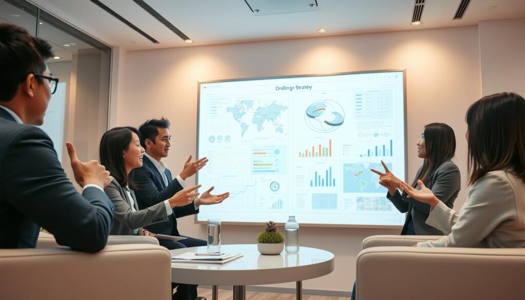 A team of young, Japanese-looking professionals engaged in a dynamic drilling marketing strategy meeting. Set in a sleek, modern office environment with a large whiteboard displaying detailed plans and charts. Warm lighting casts a subtle glow, creating an atmosphere of focused collaboration. The team members gesticulate animatedly, exchanging ideas and analyzing data projected on a wall-mounted screen. Elegant furniture and clean lines convey a sense of efficiency and innovation. The overall scene reflects a strategic, tech-savvy approach to marketing and branding for a drilling-related product or service.