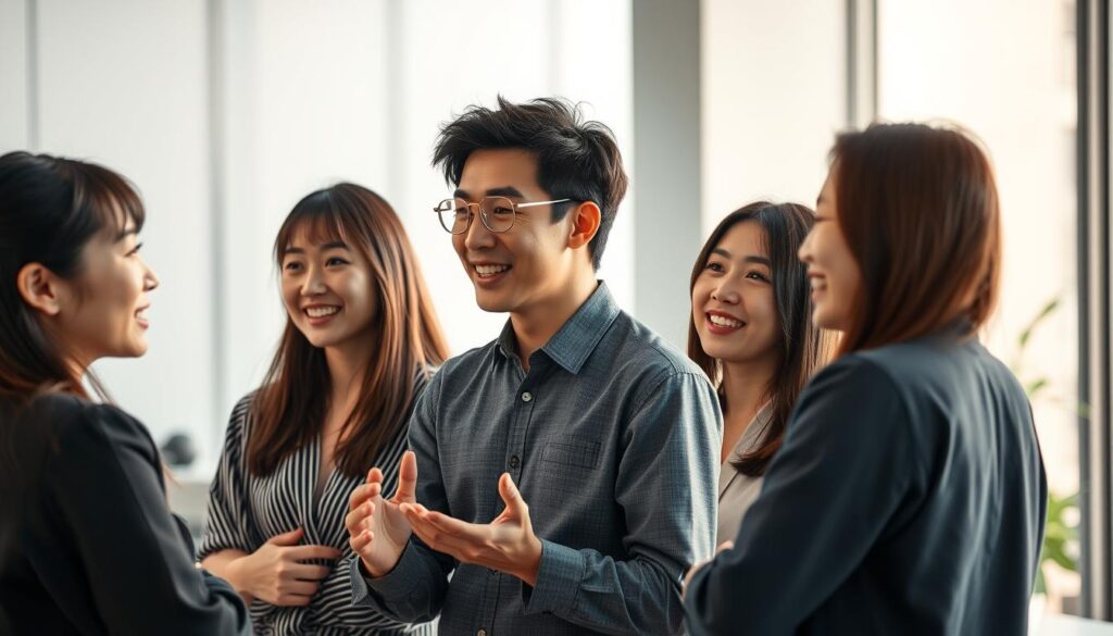 A team of young Japanese-looking professionals engaged in a lively discussion, their faces radiating focused intensity. The scene is set in a modern, well-lit office, with a sleek, minimalist design aesthetic. The figures are positioned at various angles, their body language conveying a sense of collaboration and active communication. The lighting is soft and natural, casting a warm glow that enhances the sense of professionalism and engagement. The background is slightly blurred, keeping the attention on the central interaction. The overall atmosphere evokes a productive, harmonious client-designer collaboration.