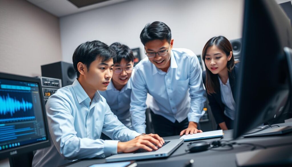 A team of young, Japanese-looking professionals gathered around a laptop, deeply engaged in analyzing audio waveforms and digital signal processing software. The foreground features a focused engineer in a crisp white shirt, hands on the keyboard, with a thoughtful expression. In the middle ground, two colleagues lean in, discussing technical details displayed on the screen. The background showcases an array of professional audio equipment, conveying the high-tech, precision-oriented nature of mastering engineering. Soft, even lighting illuminates the scene, creating a contemplative, focused atmosphere.