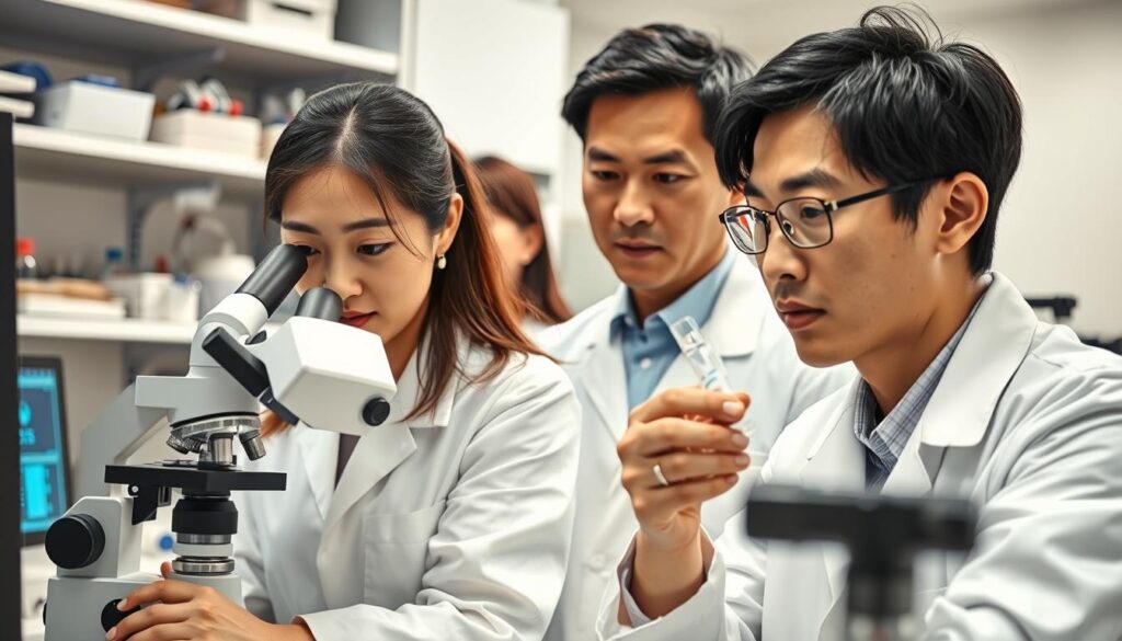 A team of young, Japanese-looking professionals in a well-lit, modern laboratory setting. In the foreground, a female technician in a white lab coat intently examines a sample through a microscope, her expression focused and analytical. Behind her, a male colleague reviews data on a computer screen, his brow furrowed in concentration. In the background, shelves of scientific equipment and instruments create a sense of technical expertise and authority. The lighting is bright and even, illuminating the scene with a clinical, professional atmosphere. The overall composition conveys the specialized knowledge and technical skills of odor assessment professionals.