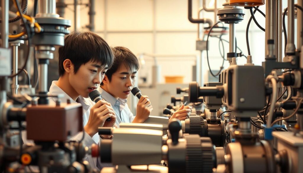 A team of young, Japanese-looking professionals meticulously inspecting a diverse array of industrial equipment, carefully evaluating the subtle nuances of odors through specialized instruments. The scene is bathed in warm, natural lighting, capturing the intensity and focus on their faces as they navigate the complexities of their highly specialized field. The background features a clean, well-organized workspace, hinting at the technical expertise and attention to detail required for their unique role as odor assessors.