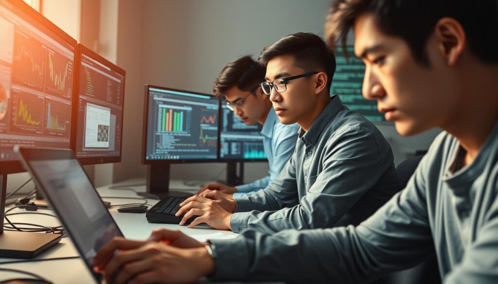 A team of young, Japanese-looking programmers deeply engrossed in their respective areas of expertise. In the foreground, a software engineer meticulously codes on a sleek laptop, surrounded by a minimalist desk setup. In the middle ground, a data scientist scrutinizes complex visualizations on multiple high-resolution displays. In the background, a cybersecurity specialist analyzes lines of code, their brow furrowed in concentration. The scene is bathed in a warm, focused light, conveying a sense of professional dedication and technical mastery.