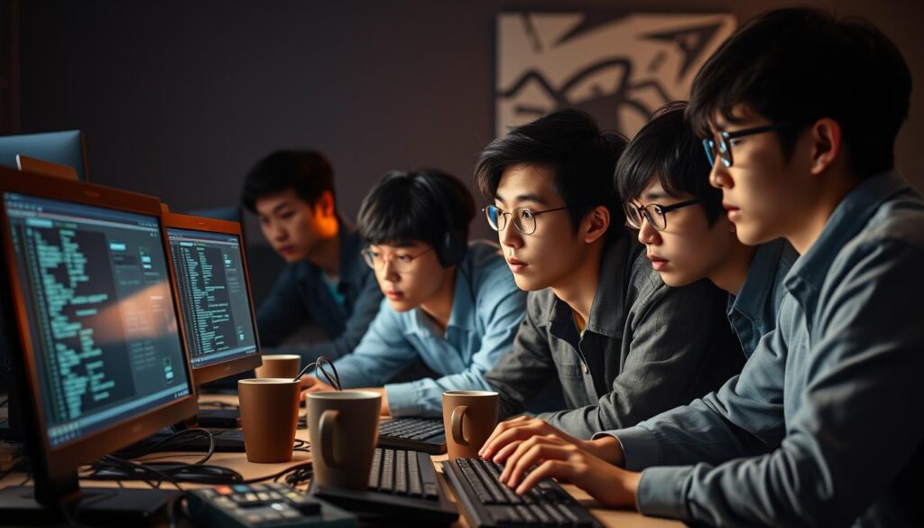 A team of young, Japanese-looking programmers intently focused on their computer screens, surrounded by the tools of their trade - keyboards, coffee mugs, and cables snaking across the desk. Warm, soft lighting illuminates their faces, casting subtle shadows that accentuate their concentration. The scene captures the essence of software development, with a palpable sense of dedication and problem-solving in the air.