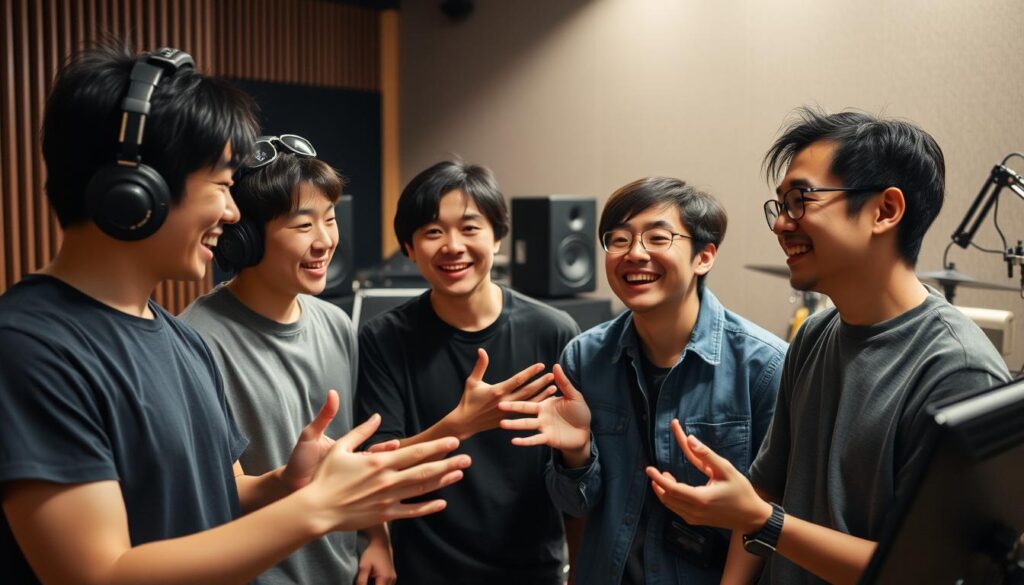 A team of young, Japanese-looking sound creators engaged in lively discussion, their faces animated with expressive gestures. The scene is set in a professional recording studio, with sound equipment and instruments in the background, creating an atmosphere of creative collaboration. Soft, directional lighting illuminates their faces, highlighting the importance of clear communication and teamwork in the music production process.