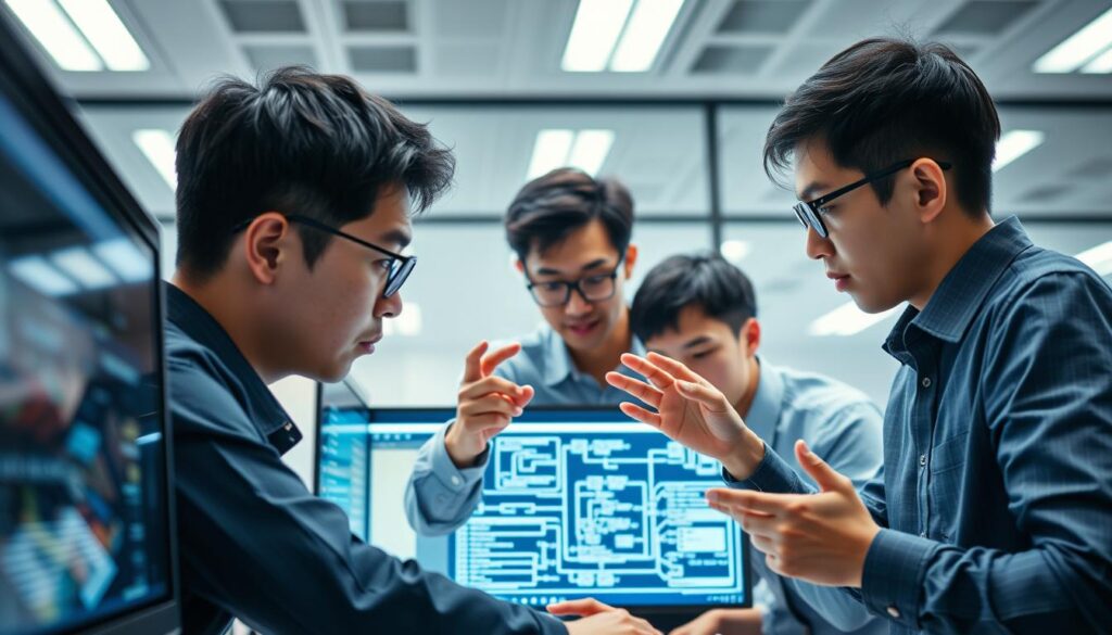 A team of young, Japanese-looking system engineers collaborating in a modern, well-lit office. They are focused on their computer screens, with a complex network diagram or software architecture diagram visible. The lighting is bright and diffused, creating a professional and productive atmosphere. The engineers are engaged in intense discussions, gesturing towards their screens while studying code or designs. The composition features a balance of individual focus and team collaboration, capturing the essence of a system engineer's responsibilities.