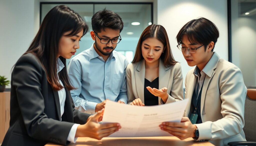 A team of young Japanese professionals diligently working on a detailed business report. The scene is set in a modern office, with a minimalist design featuring clean lines and subtle lighting. The group is intently focused, their expressions serious as they review data and collaborate on the document before them. The composition highlights the importance of effective report writing skills, conveying a sense of productivity and attention to detail. Soft shadows cast by the overhead lighting create depth and a sense of atmosphere, while the neutral color palette reinforces the professional nature of the task at hand.
