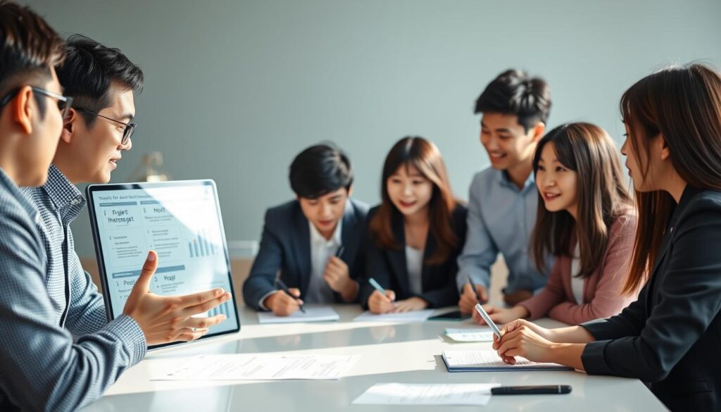 A team of young Japanese professionals gathered around a conference table, deep in discussion about project management strategies. The scene is captured in a high-resolution, photorealistic style, with soft, natural lighting accentuating their focused expressions. In the foreground, the team leader gestures animatedly, outlining their responsibilities and priorities on a digital display. In the middle ground, the other team members listen intently, taking notes and exchanging ideas. The background is slightly blurred, emphasizing the importance of the team's collaborative efforts. The overall atmosphere conveys a sense of diligence, teamwork, and the serious nature of their project management roles.
