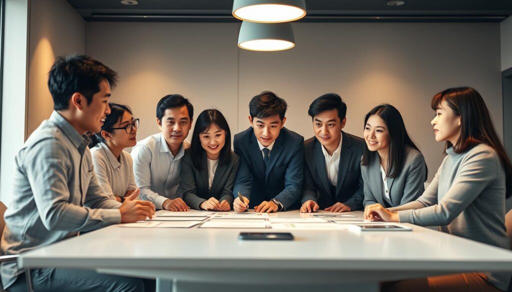 A team of young Japanese professionals strategizing a comprehensive fundraising campaign. They are gathered around a sleek conference table, deep in discussion, their expressions focused and determined. The lighting is warm and inviting, casting a soft glow on their faces. The room is modern and minimalist, with clean lines and neutral tones that create an atmosphere of professionalism and innovation. The scene conveys a sense of collaboration, as the team works together to devise an effective fundraising strategy that will drive their mission forward.