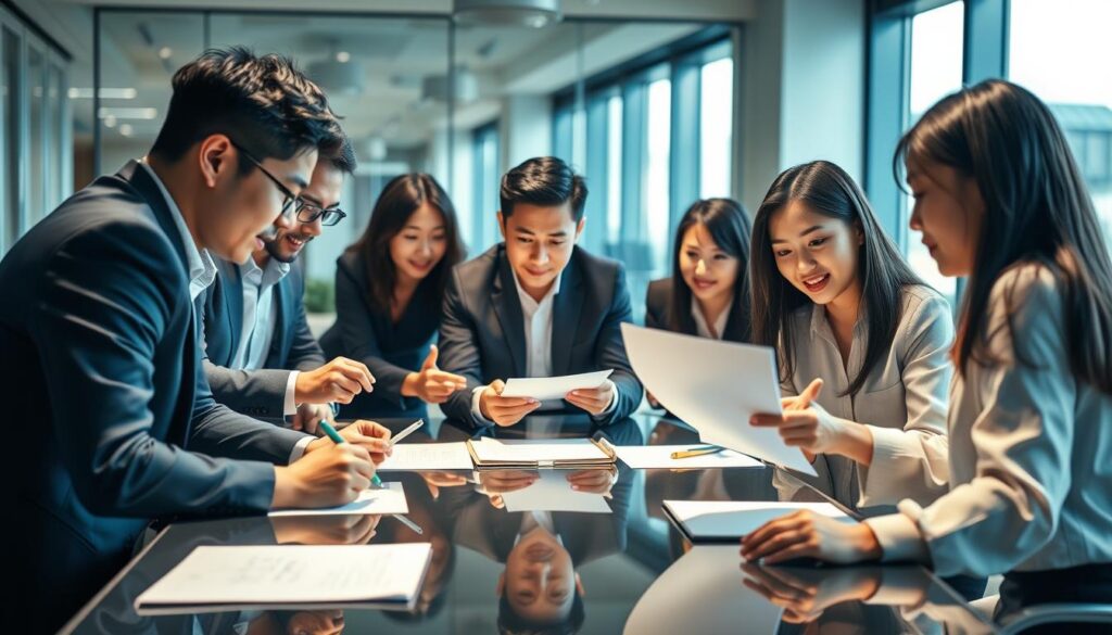 A team of young, professional Japanese-looking executives engaged in a dynamic brainstorming session. The scene is set in a modern, well-lit office space with floor-to-ceiling windows, lending an air of sophistication and attention to detail. The executives, with focused expressions, are clustered around a sleek conference table, drawing on whiteboards and shuffling papers, demonstrating their collaborative management skills. Soft, directional lighting accentuates their features and the vibrant energy of the workspace, creating a sense of productivity and forward-thinking.