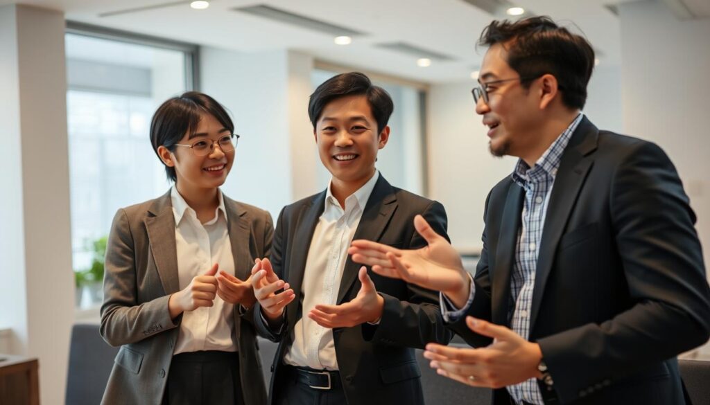 A team of young, professional-looking Japanese consultants engaged in dynamic conversation, their faces radiating focus and understanding. The scene is set in a modern, minimalist office environment, with clean lines, muted tones, and ample natural light. The consultants gesticulate expressively, their body language conveying empathy and active listening as they discuss complex topics. The overall mood is one of collaborative problem-solving, with a sense of authority and expertise emanating from the individuals. The image aims to capture the essence of the compensation consultant's critical communication skills in action.