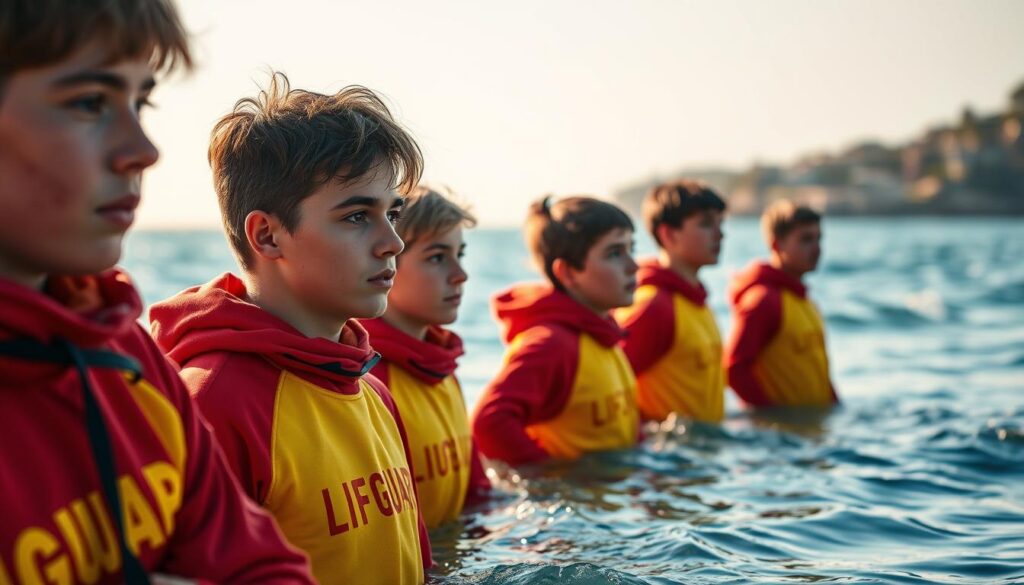 A team of youthful lifeguards intently scan the tranquil ocean waters, their keen eyes watchful for any signs of distress. The warm sun casts a soft glow over the scene, as the lifeguards stand ready in their red and yellow uniforms, poised to spring into action at a moment's notice. In the background, the gently lapping waves and a picturesque coastline set the serene stage for their vital lifesaving mission. The lifeguards' expressions convey a sense of focus and determination, ready to swiftly respond to any emergency that may arise, their training and dedication evident in every detail.