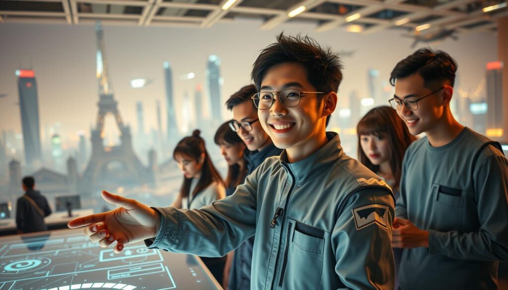 A technologically advanced game industry emerges, showcasing cutting-edge innovations. In the foreground, a young Japanese developer in a futuristic attire gestures towards a holographic display, their expression brimming with excitement. The middle ground features a team of diverse, talented individuals collaborating on a sleek, minimalist interface, their faces illuminated by the glow of their screens. In the background, a bustling cityscape with towering skyscrapers and flying vehicles hints at the boundless potential of the industry's future. The scene is bathed in a soft, warm lighting, creating an atmosphere of optimism and progress.