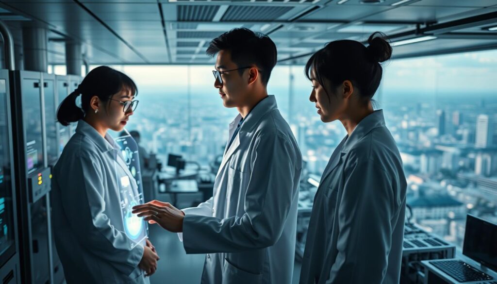 A technologically-advanced research laboratory, filled with state-of-the-art equipment and bustling with young, Japanese-looking scientists. In the foreground, three researchers in white lab coats examine a glowing holographic display, their faces illuminated by the futuristic interface. In the middle ground, rows of sleek, interconnected machines process data and simulate complex environmental models. The background is a panoramic view of a sprawling cityscape, showcasing the latest in sustainable architecture and renewable energy technology. Soft, ambient lighting creates a serene, contemplative atmosphere, capturing the cutting-edge innovation at the heart of environmental progress.