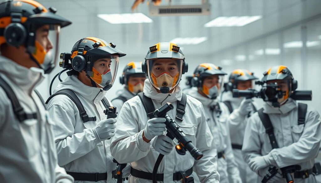 A technologically advanced team of pest control experts, dressed in protective gear, utilizing cutting-edge equipment and techniques to eradicate a diverse array of pests. The scene depicts a meticulously orchestrated operation, with each member playing a crucial role, from the use of advanced thermal imaging cameras to the precise application of targeted, eco-friendly treatments. The lighting is bright and clinical, emphasizing the professionalism and efficiency of the team. The background is a clean, sterile environment, further highlighting the advanced nature of the pest control methods on display. The young, Japanese-looking professionals move with a sense of confidence and expertise, showcasing the latest advancements in the field of pest management.