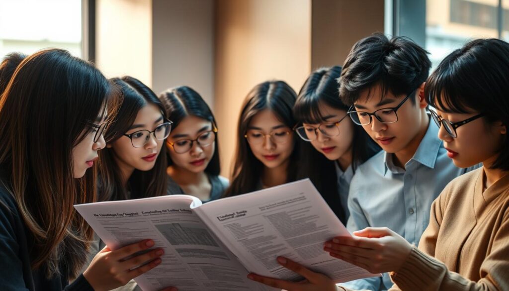 A thoughtful and focused image of a diverse team of young Japanese professionals intently studying a comprehensive guide to the "Redevelopment Planner Examination". Soft, warm lighting illuminates their faces as they review the detailed study materials, their expressions reflecting deep concentration and determination. The scene conveys a sense of collaborative learning and preparation for an important career milestone. The image should feel like a realistic photograph, capturing the essence of the "Redevelopment Planner Examination" preparation process.