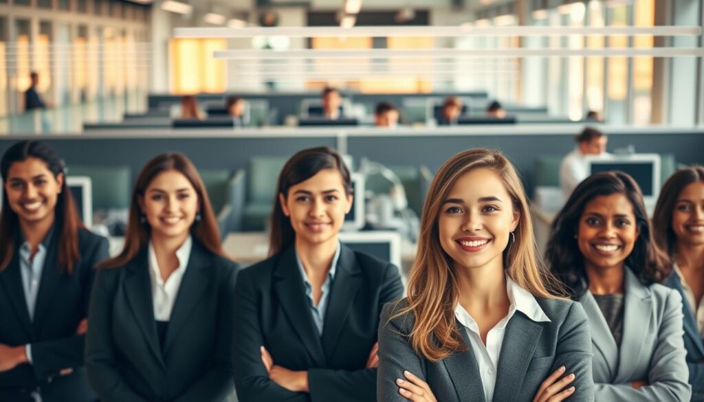 A thoughtful, carefully composed image showcasing the support services for second-career jobseekers. In the foreground, a diverse group of young professionals in business attire, their expressions hopeful and determined. In the middle ground, a sleek, modern office setting with desks, computers, and a collaborative atmosphere. The background is softly blurred, suggesting a dynamic, fast-paced urban environment. Warm, natural lighting casts a sense of optimism, while the use of muted tones and clean lines conveys a professional, polished aesthetic. This image aims to capture the essence of the specialized assistance available to those embarking on a new career path, empowering and guiding them towards success.