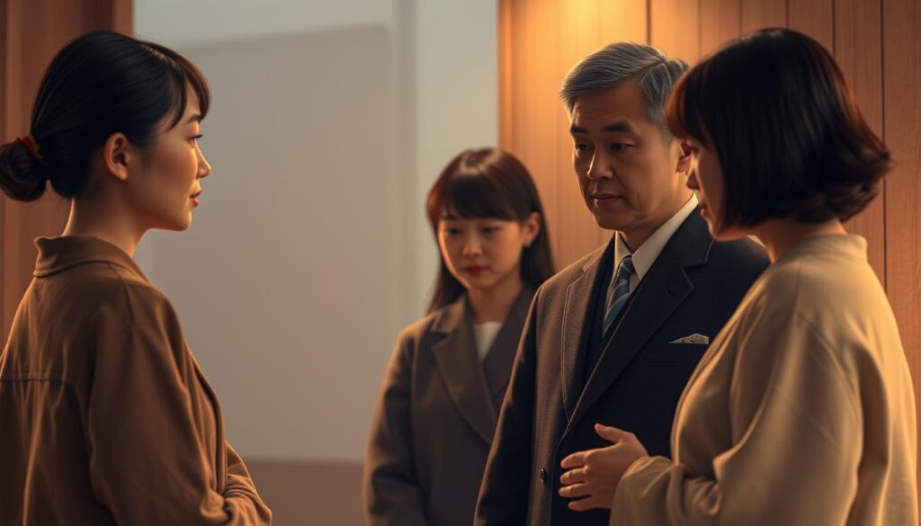 A thoughtful, empathetic funeral director stands with a grieving family, their expressions conveying a somber yet comforting atmosphere. Warm lighting casts a gentle glow, capturing the delicate emotional exchange as the director listens intently, offering solace through their calm, compassionate demeanor. The figures, youthful Japanese in appearance, are rendered in a realistic photographic style, their body language and facial details conveying the weight of the moment. The scene evokes a sense of profound understanding and care during a time of profound loss.