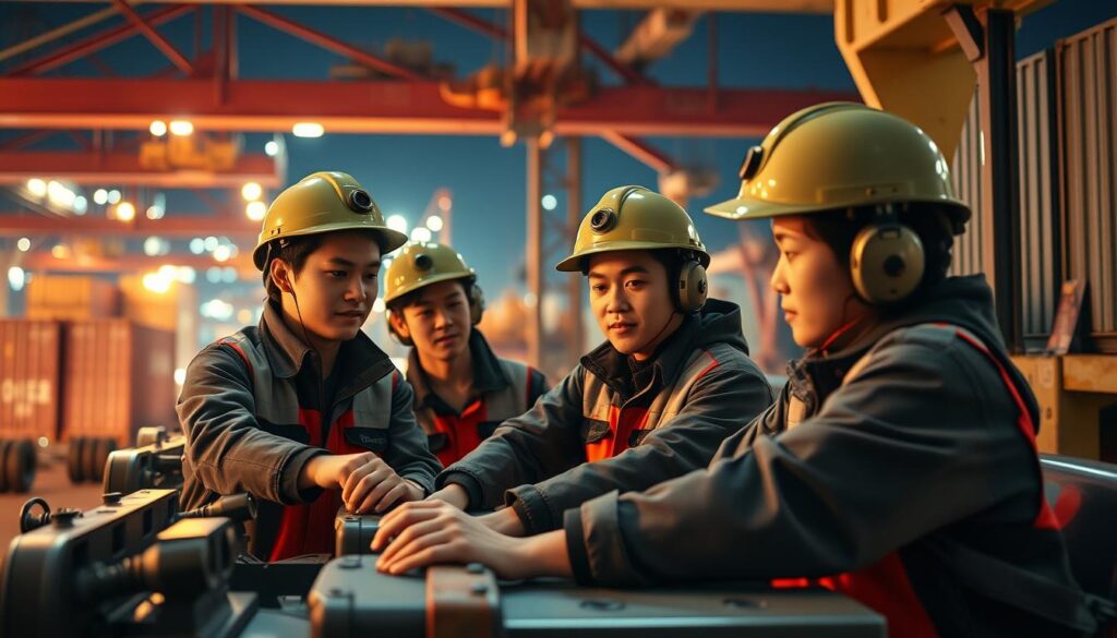 A tightly-knit team of young, Japanese-looking port workers collaborating seamlessly in a bustling harbor setting. Careful coordination as they operate heavy machinery and move cargo containers with precision and efficiency. Warm lighting illuminates their focused expressions, capturing the dynamic energy and camaraderie of their collaborative efforts. The scene is realistic and detailed, showcasing the skilled teamwork required for this important logistical role.