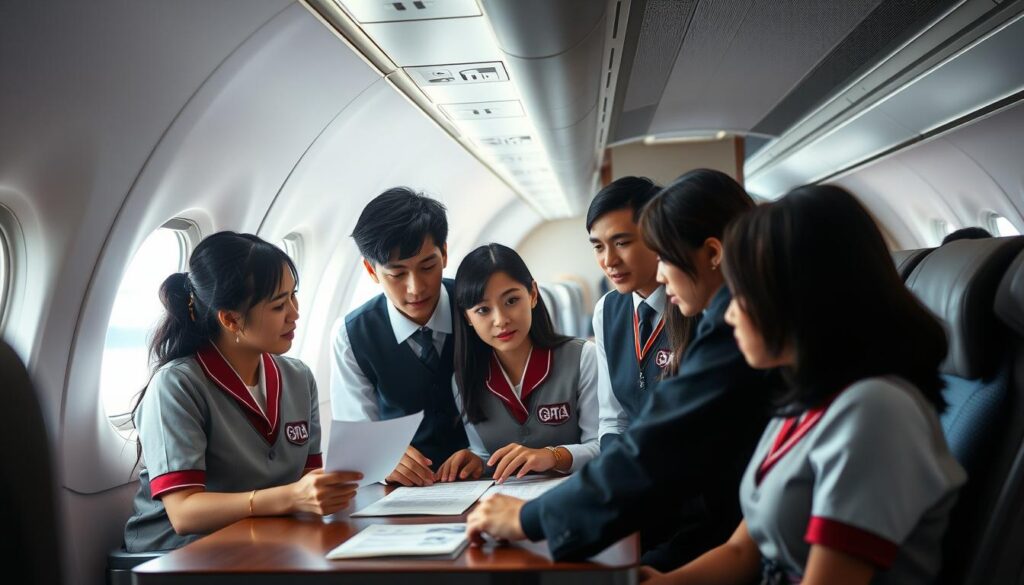 A tranquil Japanese cabin interior, flooded with soft, diffused lighting from large windows. In the center, a group of young, professional-looking cabin crew members gathered around a table, deep in discussion. Their faces express concern as they pore over documents, gesturing animatedly. The scene conveys a sense of collaborative problem-solving, as they work to overcome the challenges of their vocation. The atmosphere is one of focused intensity, with subtle hints of the aircraft exterior visible beyond the windows, hinting at the demanding nature of their work. The overall mood is one of determination and teamwork, as these dedicated individuals strive to deliver the best possible service.