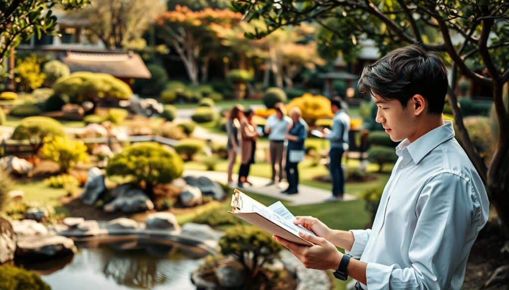 A tranquil Japanese garden with a young, professional-looking consultant in the foreground, dressed in a crisp white shirt and dark slacks, intently studying a landscape plan on a clipboard. In the middle ground, a team of diverse landscape designers collaborates, sketching ideas and discussing plans. In the background, a lush, meticulously manicured garden with ornamental trees, carefully placed rocks, and a serene water feature, all bathed in warm, diffused natural lighting. The consultant's expression conveys a mix of focus, determination, and creative problem-solving as they tackle the challenges of their profession.