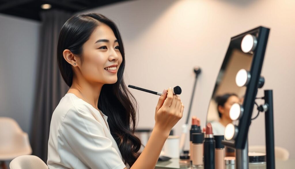 A tranquil and well-lit studio setting with modern, minimalist decor. A young Japanese woman, radiating poise and professionalism, sits at a makeup station, intently focused on applying flawless cosmetics to her face. Soft, diffused lighting casts a warm, inviting glow, highlighting her meticulously styled, glossy black hair. The background features clean, neutral tones, drawing attention to the subject and her task of acquiring a professional hair and makeup certification. The scene conveys a sense of dedication, expertise, and the pursuit of a rewarding career as a skilled hair and makeup artist.