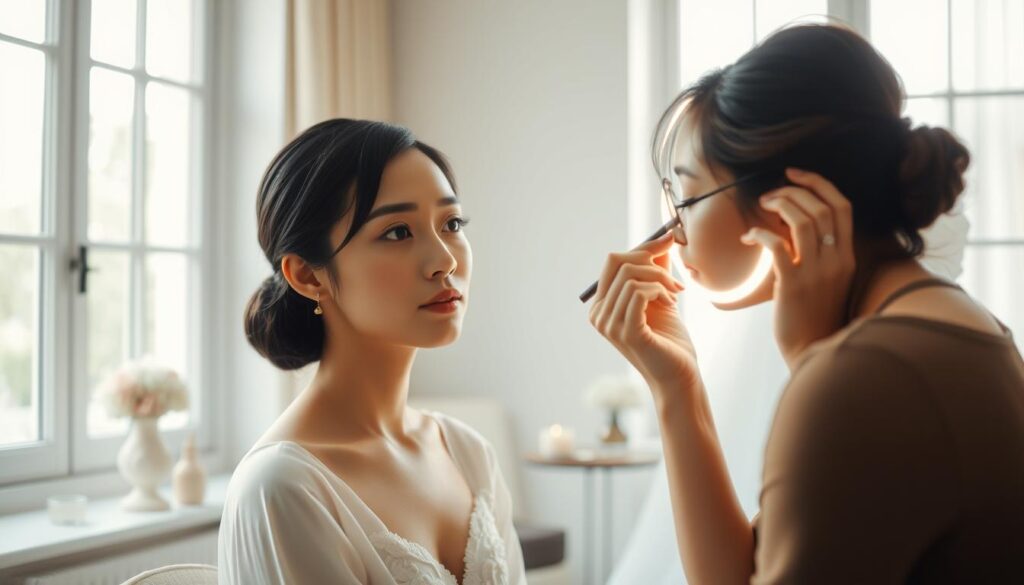 A tranquil bridal makeup studio, softly lit by natural light filtering through large windows. A young, Japanese-looking model with dark hair sits patiently as a skilled makeup artist, their face framed in a delicate ring of light, meticulously applies foundation, eyeshadow, and lipstick. The model's expression is serene, conveying the profound focus and artistry of the makeup artist's work. In the background, subtle hints of elegant decor and wedding attire suggest the specialized nature of this bridal makeup expertise. The overall mood is one of quiet professionalism, as the makeup artist's deft touches transform the model into a vision of radiant, wedding-day beauty.