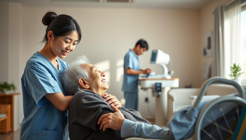 A tranquil care facility interior, bathed in soft natural light. In the foreground, a young Japanese caregiver tenderly assists an elderly patient, their faces conveying a sense of compassion and trust. In the middle ground, another caregiver meticulously tends to medical equipment, showcasing the technical expertise required. The background reveals a serene, orderly environment, with minimal décor allowing the focus to remain on the caring interactions. The scene emanates a sense of professionalism, dedication, and the rewarding nature of this noble vocation.