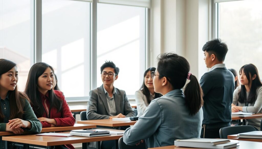 A tranquil classroom setting, illuminated by soft natural light streaming through large windows. A diverse group of young, attentive Japanese-looking individuals sit at desks, their expressions reflecting focused engagement. The instructor, standing at the front, gestures animatedly, guiding the students through the nuances of their tour conductor training program. The atmosphere exudes a sense of professionalism and dedication, as the students absorb the lessons that will shape their future careers. Subtle details, such as carefully curated learning materials and a well-organized workspace, underscore the comprehensive nature of this educational endeavor.
