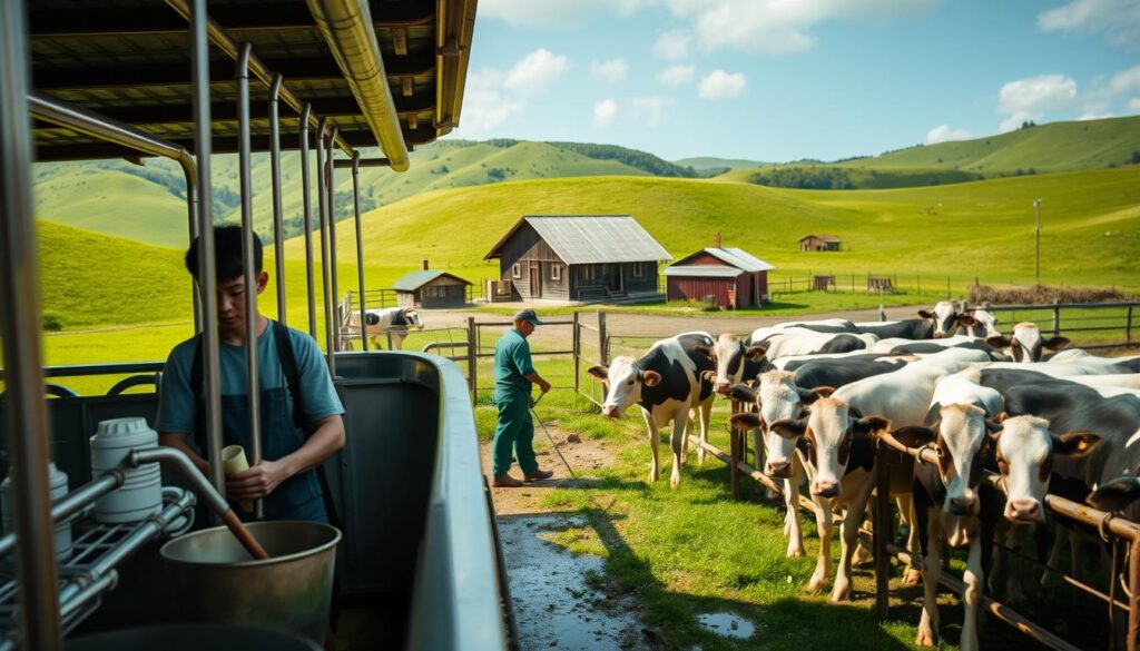 A tranquil dairy farm nestled amidst rolling green hills. In the foreground, a young Japanese farmhand diligently scrubs the shiny metal surfaces of a milking parlor, the gleam of stainless steel contrasting with the warm natural light flooding the scene. In the middle ground, another worker carefully tends to a herd of placid Holstein cows, guiding them with gentle motions into their stalls. Beyond, the modest farmhouse and outbuildings stand in the distance, their wooden structures weathered by time and the elements. The overall atmosphere is one of quiet industry and timeless rural life, captured with a realistic photographic aesthetic.
