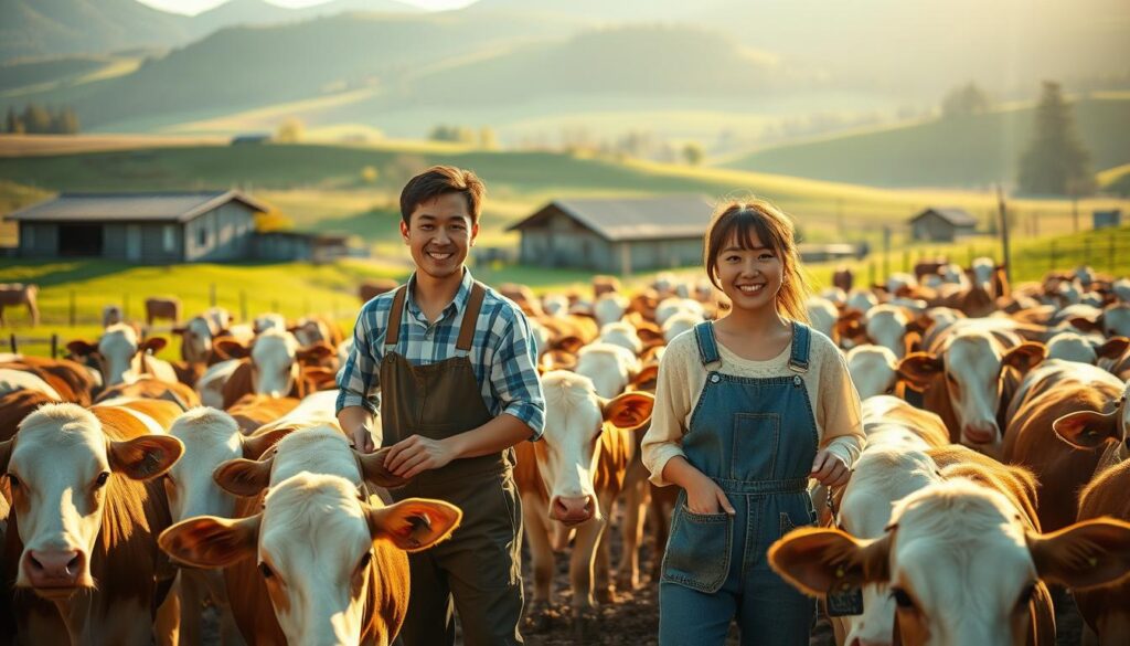 A tranquil dairy farm nestled in the rolling hills, with a young Japanese-looking couple working diligently amidst the herd of cows. Warm natural lighting bathes the scene, highlighting the manual tasks of milking, feeding, and tending to the animals. In the background, a well-maintained barn and picturesque countryside create a serene, pastoral atmosphere. The couple's expressions reflect a sense of pride and dedication as they carry out the essential duties of a dairy farmer's life, suggesting the fulfillment and modest income that comes with this traditional, hands-on profession.
